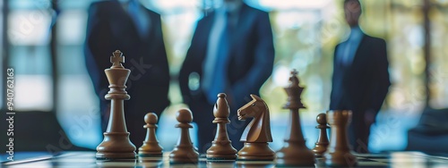Chess board and pieces with Business people standing in background. 