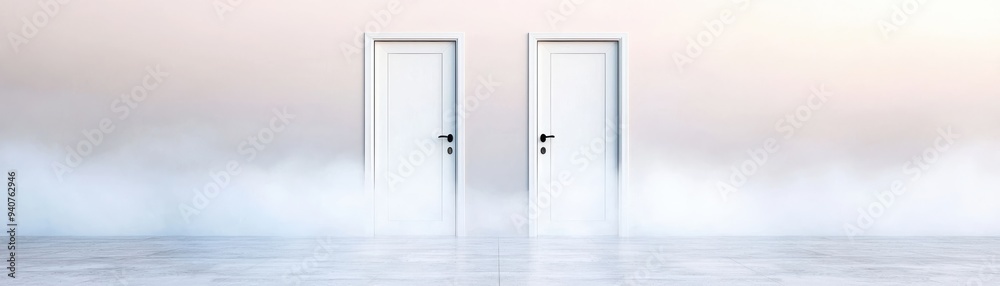 Two elegant doors in a serene fog, symbolizing choices and opportunities in a peaceful setting. Two elegant doors in a serene fog, symbolizing choices and opportunities in a peaceful setting.