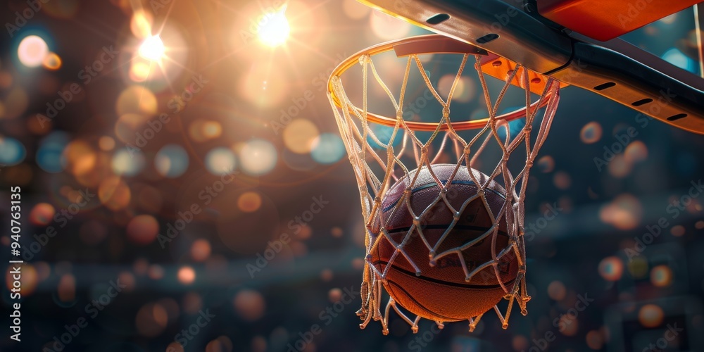 A basketball is hanging from a net in a stadium A basketball is hanging from a net in a stadium