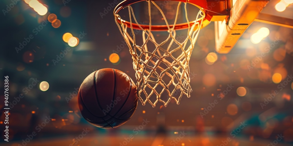 A basketball is hanging from a net in a stadium A basketball is hanging from a net in a stadium
