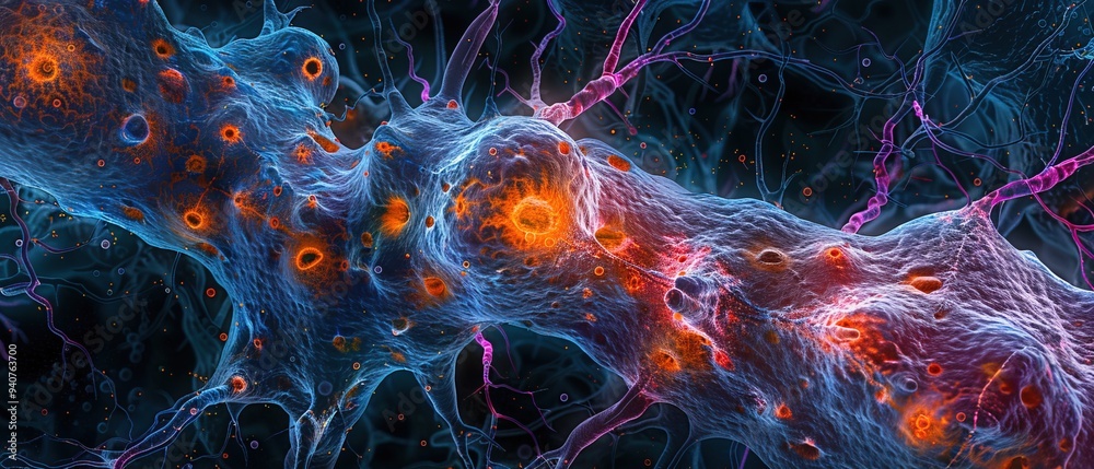 Microscopic histology image of human brain issue showcasing neurons glial cells in high detailed Microscopic histology image of human brain issue showcasing neurons glial cells in high detailed