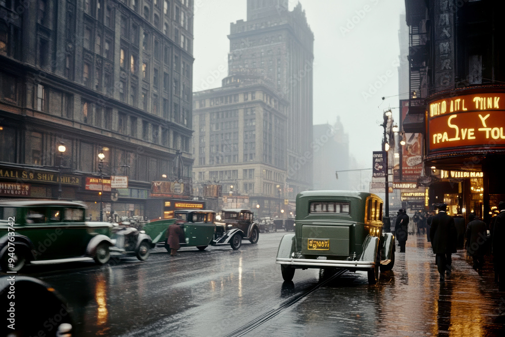 Fototapeta premium City streets in the 1920s, 1930s. AI generative.