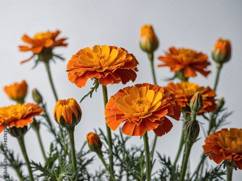 A vibrant cluster of orange marigolds stands in full bloom against a neutral background A vibrant cluster of orange marigolds stands in full bloom against a neutral background