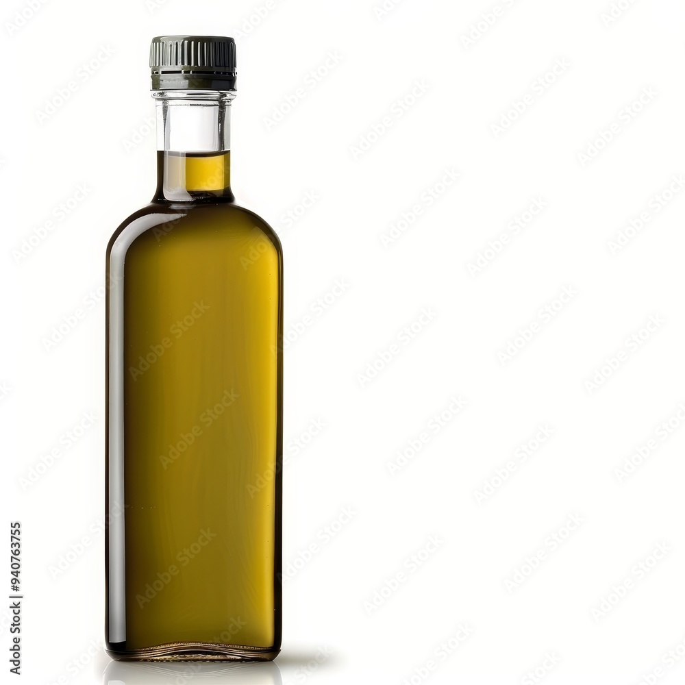 Close-up of a sleek bottle of olive oil with a black cap, isolated on a white background.