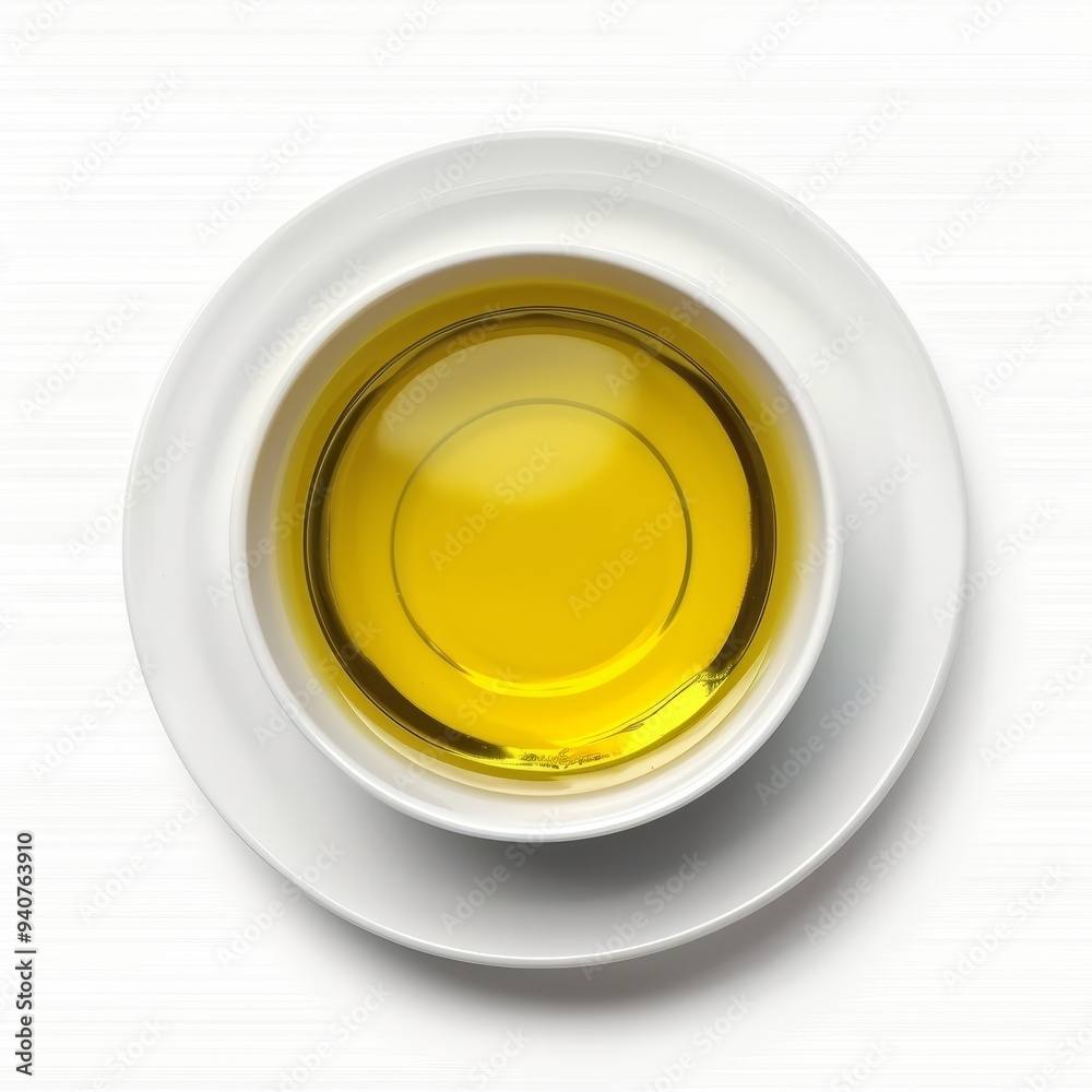 Top view of a bowl of clear yellow liquid, possibly oil or broth, on a white surface. Top view of a bowl of clear yellow liquid, possibly oil or broth, on a white surface.