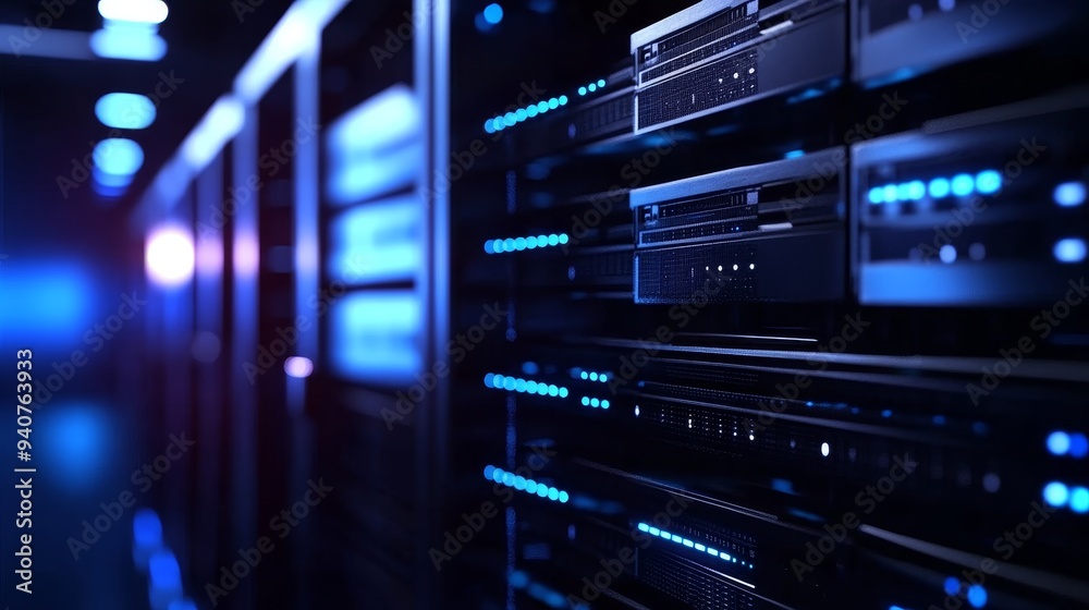 Rows of server racks in a dimly lit data center, showcasing the power of modern technology. Rows of server racks in a dimly lit data center, showcasing the power of modern technology.