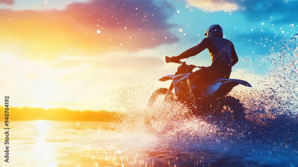 Silhouette of a motorcyclist riding through water at sunset, creating a spray of water. The sky is a vibrant orange and blue. Silhouette of a motorcyclist riding through water at sunset, creating a spray of water. The sky is a vibrant orange and blue.