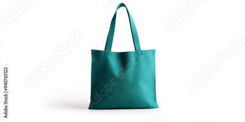 Plain teal fabric tote bag with long handles on a white background photo