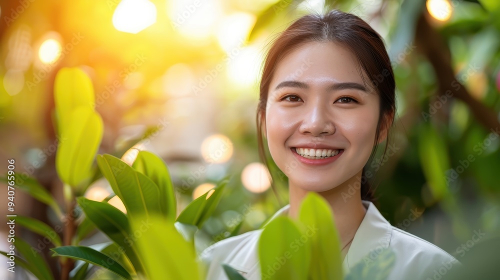 Radiant Serenity: A young woman beams with genuine joy, framed by vibrant foliage and bathed in the warm glow of a sunlit afternoon. Her radiant smile and effortless beauty evoke a sense of peace Radiant Serenity: A young woman beams with genuine joy, framed by vibrant foliage and bathed in the warm glow of a sunlit afternoon. Her radiant smile and effortless beauty evoke a sense of peace