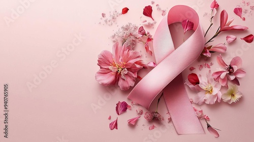 Abstract pink ribbon made of delicate floral patterns, Breast Cancer Awareness Month, blending nature and hope