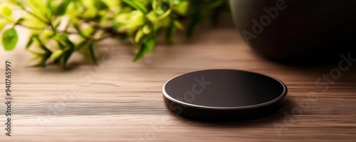 A sleek wireless charger on a wooden surface, surrounded by greenery, illustrating modern technology and natural decor.