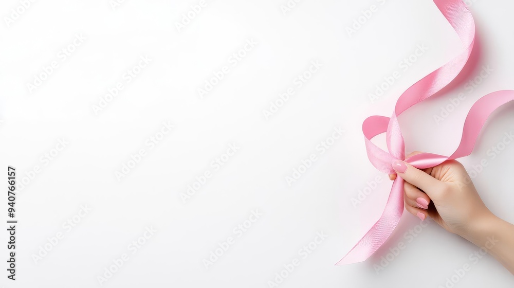 Closeup of a hand holding a pink ribbon against a white background, Breast Cancer Awareness, focus on hope and support Closeup of a hand holding a pink ribbon against a white background, Breast Cancer Awareness, focus on hope and support