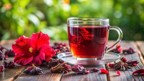 Red hibiscus tea in glass mug.