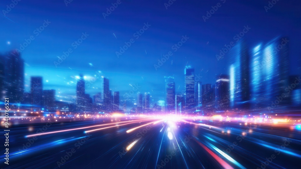 Dynamic view of a city skyline at night with vibrant lights and a sense of motion, capturing urban energy and excitement. Dynamic view of a city skyline at night with vibrant lights and a sense of motion, capturing urban energy and excitement.