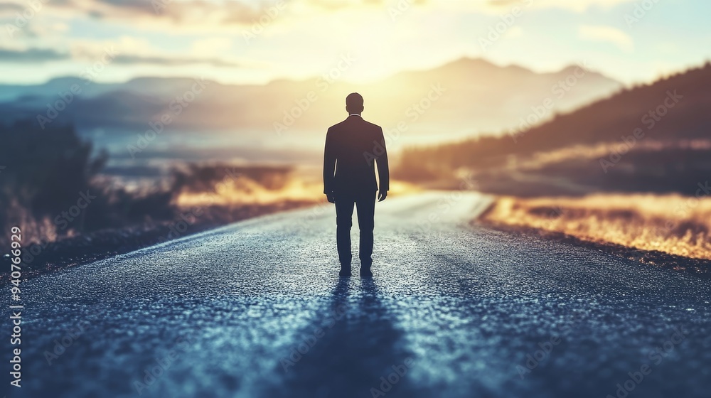 Silhouette of a man standing on a road at sunrise, looking towards mountains in the distance. The image evokes a sense of hope and new beginnings. Silhouette of a man standing on a road at sunrise, looking towards mountains in the distance. The image evokes a sense of hope and new beginnings.