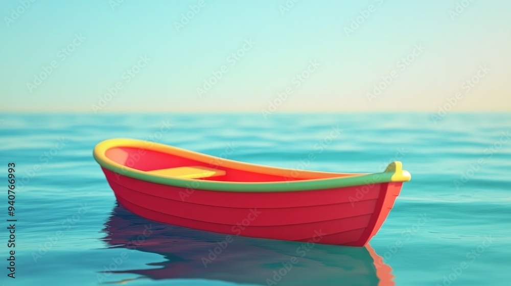 A small red rowboat floats peacefully on a calm blue sea. The water is clear and the sky is a vibrant blue. A small red rowboat floats peacefully on a calm blue sea. The water is clear and the sky is a vibrant blue.