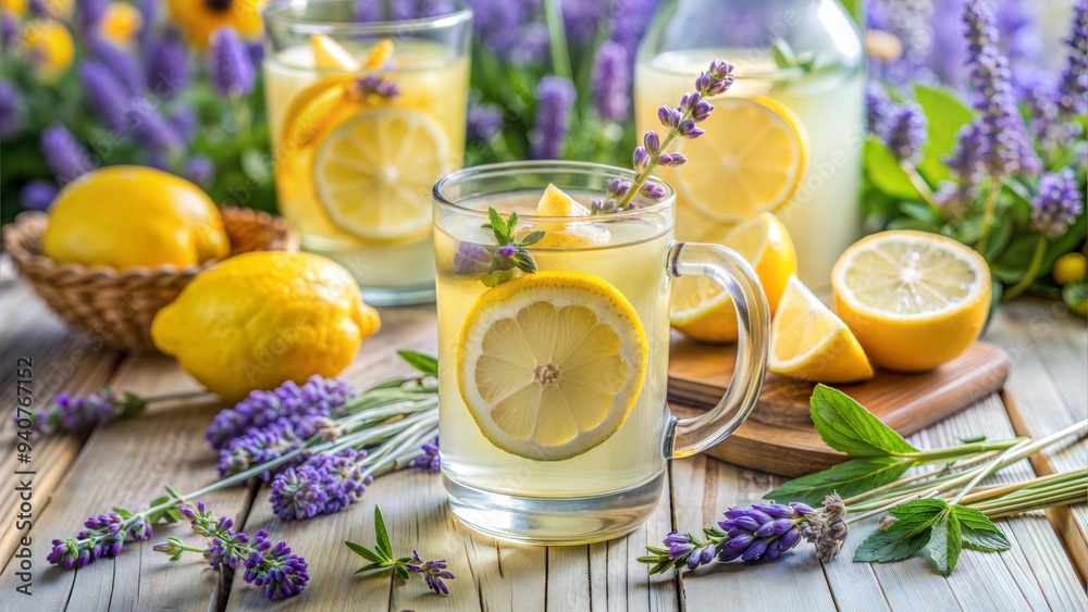 Fresh drink with lemon and lavender flowers for summer lemonade Fresh drink with lemon and lavender flowers for summer lemonade