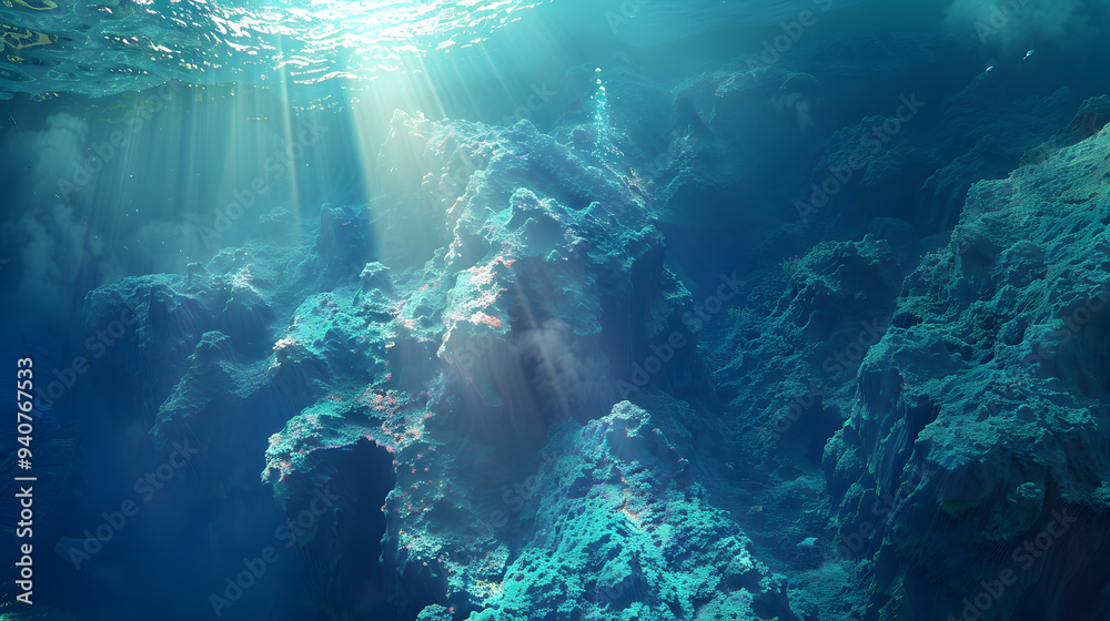 A breathtaking view of an underwater volcano with sunlight casting dramatic shadows. A breathtaking view of an underwater volcano with sunlight casting dramatic shadows.