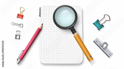 A 3d icons of objects for training and office, icons of stationery magnifying glass, paper clip and pencil with notepad, Generative AI illustrations.