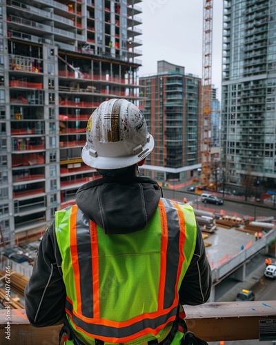 Worker in safety vest and helmet on construction site with building background photo