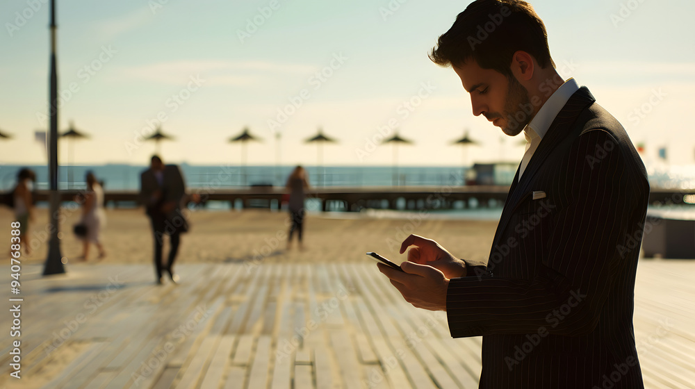 A businessman in a pinstripe suit browsing on his smartphone at a beachside boardwalk. A businessman in a pinstripe suit browsing on his smartphone at a beachside boardwalk.
