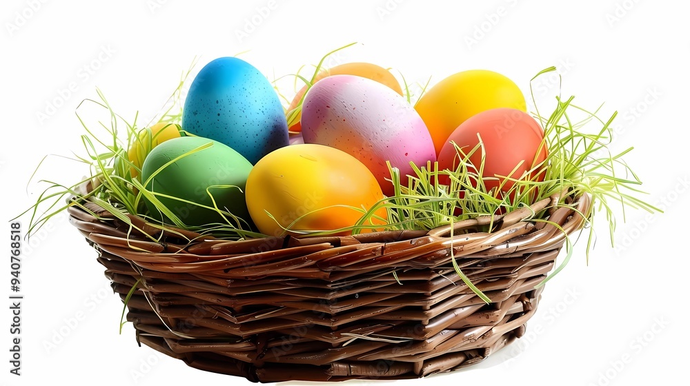 A basket of eggs, white background, Generative AI illustrations. A basket of eggs, white background, Generative AI illustrations.