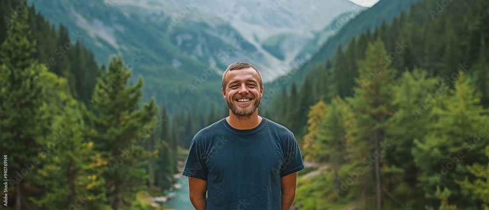 A cheerful man standing outdoors in a beautiful mountain landscape, surrounded by lush green trees and distant peaks.