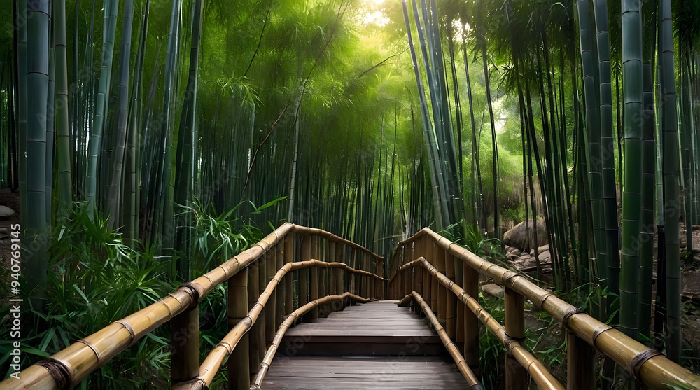 Fototapeta premium Wooden Pathway Through Lush Bamboo Forest