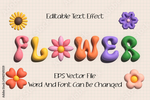 Cute colorful flower inflated 3d editable text effect