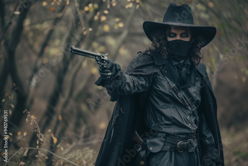 Van Helsing Vampire Hunter costume for trick-or-treating with black cape, cowboy hat, and spooky accessories photo