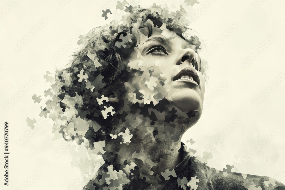 Surreal digital portrait of a woman with puzzle pieces dissolving into the air symbolizing cognitive dissonance mental health and introspection in a soft dreamlike design Surreal digital portrait of a woman with puzzle pieces dissolving into the air symbolizing cognitive dissonance mental health and introspection in a soft dreamlike design