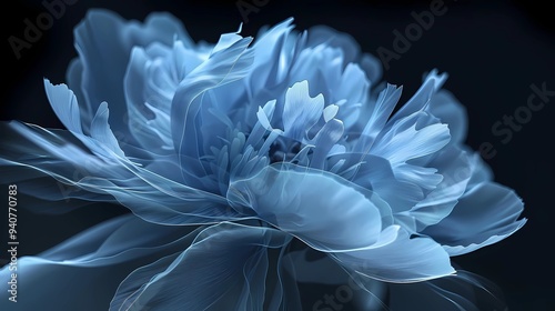 A blue peony flower, captured in motion blur, is set against a black background, Generative AI illustrations. 