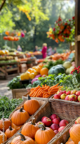 Farmers market with an abundance of pumpkins, apples, and fresh produce. AI generative.