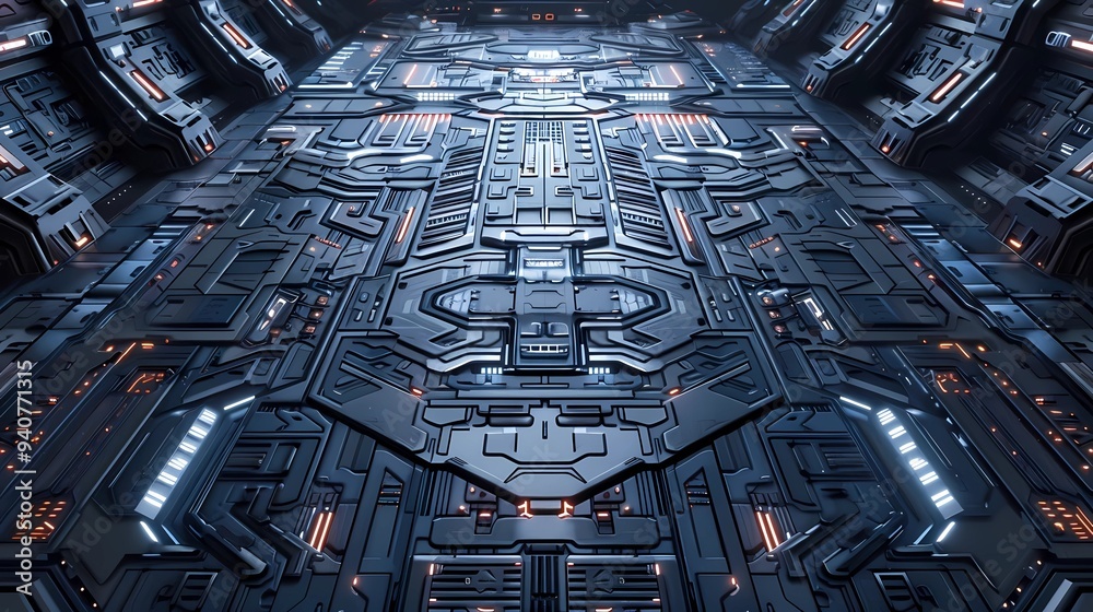 Obraz premium A detailed spaceship floor panel with intricate geometric patterns and futuristic elements, suitable for 3D texturing, Generative AI illustrations. 