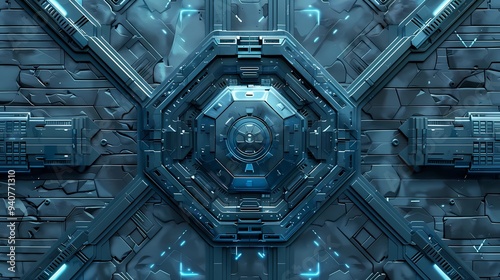 Fototapeta Naklejka Na Ścianę i Meble -  A detailed spaceship floor panel with intricate geometric patterns and futuristic elements, suitable for 3D texturing, Generative AI illustrations. 