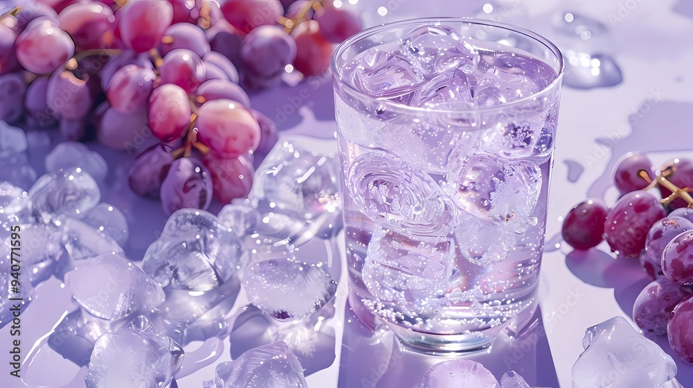 A glass of water filled with ice cubes, purple background, transparent takeaway cup, powerful liquid explosion, surrounded by ice cubes and purple grapes, pure white background, Generative AI illustra A glass of water filled with ice cubes, purple background, transparent takeaway cup, powerful liquid explosion, surrounded by ice cubes and purple grapes, pure white background, Generative AI illustra