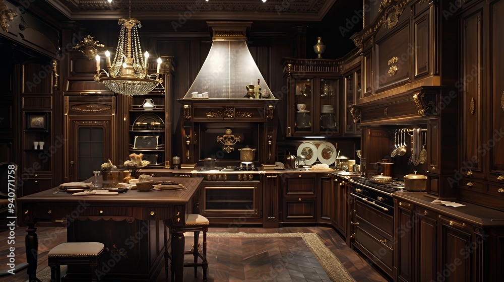 A luxurious kitchen with dark wood cabinetry and elegant lighting. A luxurious kitchen with dark wood cabinetry and elegant lighting.