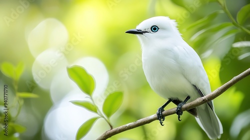 White bird with blue eyes perched on a branch in a serene, green environment