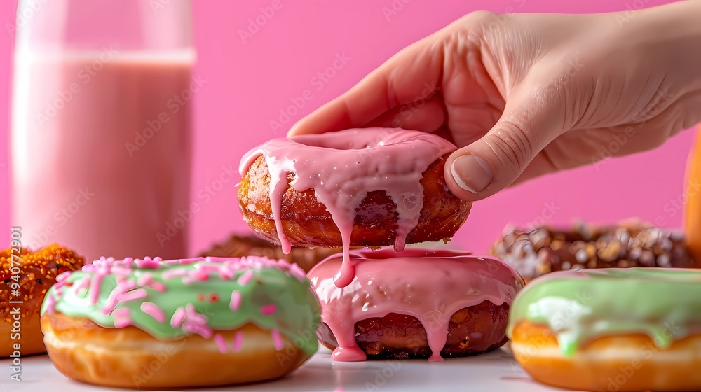 A hand pinch up an doughnut, pink glaze, dripping down the side. smooth glaze, shinny, next to it is a bowl of pink milk, on a table in front of other donuts, Generative AI illustrations. A hand pinch up an doughnut, pink glaze, dripping down the side. smooth glaze, shinny, next to it is a bowl of pink milk, on a table in front of other donuts, Generative AI illustrations.