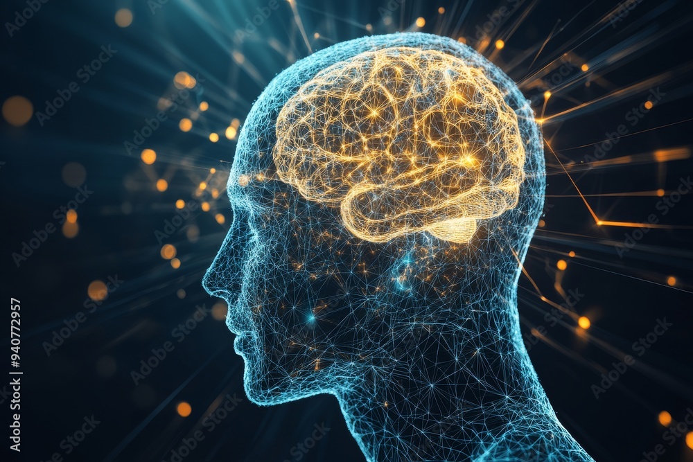 Futuristic digital portrait of a person with a glowing brain and neural pathways symbolizing intelligence cognitive function and mental health in a vibrant high tech design Futuristic digital portrait of a person with a glowing brain and neural pathways symbolizing intelligence cognitive function and mental health in a vibrant high tech design
