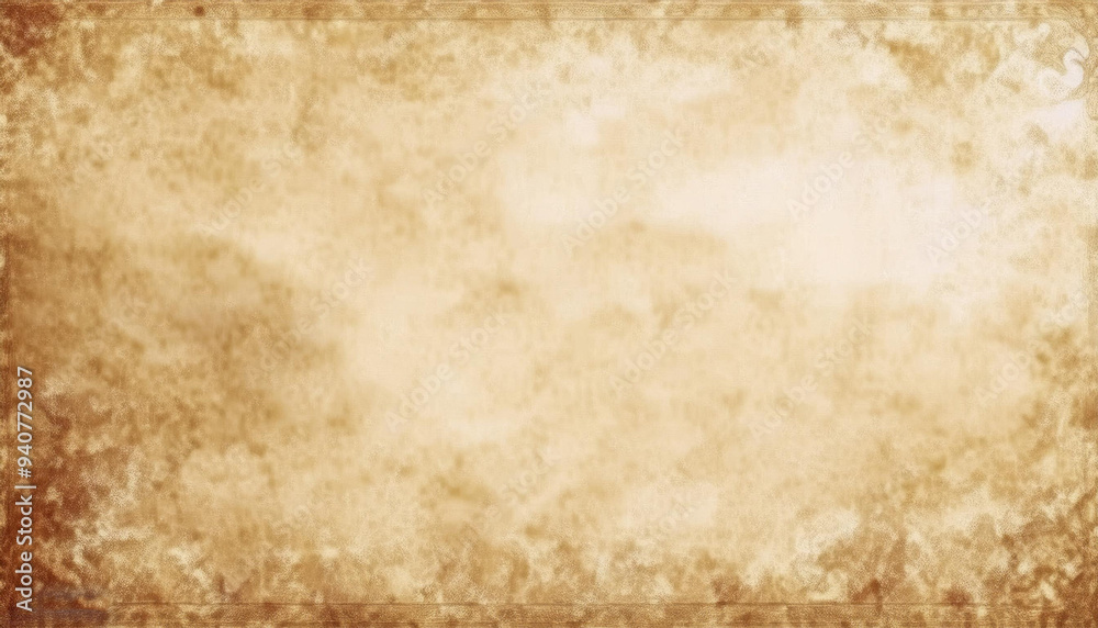 Old brown paper parchment background design with distressed vintage stains and ink spatter and white faded shabby center, elegant antique beige color