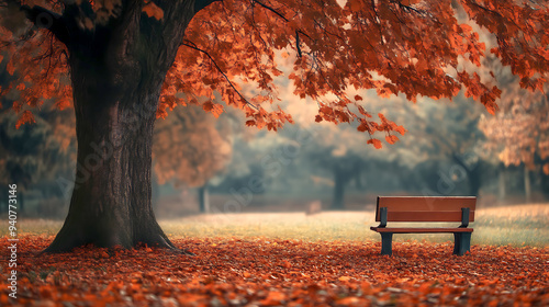 A tranquil autumn park with a cozy bench under a large oak tree, surrounded by warm-colored foliage, where one can sit and breathe in the crisp air, ideal for stress relief