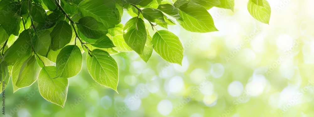 Close-up of sunlit green tree branch against blurred green background, leaves translucent with sunlight Close-up of sunlit green tree branch against blurred green background, leaves translucent with sunlight