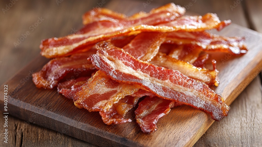 Crispy Bacon Strips Close-up: Texture and Golden Color on Wooden Board Crispy Bacon Strips Close-up: Texture and Golden Color on Wooden Board