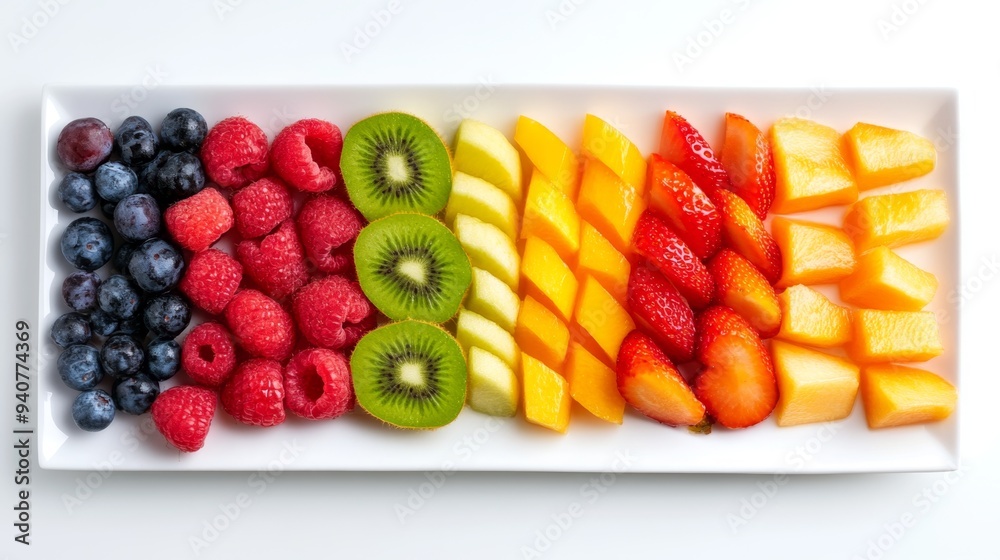 Colorful Geometric Fruit Strip Arrangement on White Plate Colorful Geometric Fruit Strip Arrangement on White Plate