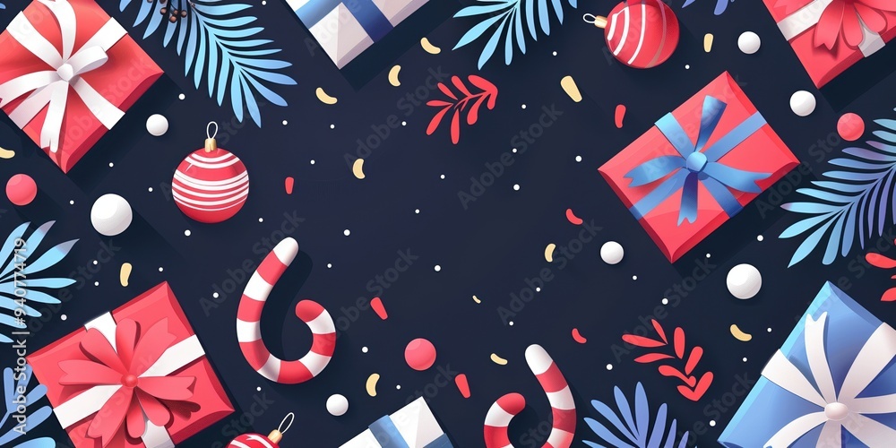 Obraz premium A Christmas scene with a black background and a bunch of presents