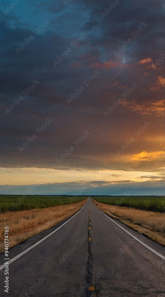 A straight road leading into a dramatic sky at sunset A straight road leading into a dramatic sky at sunset