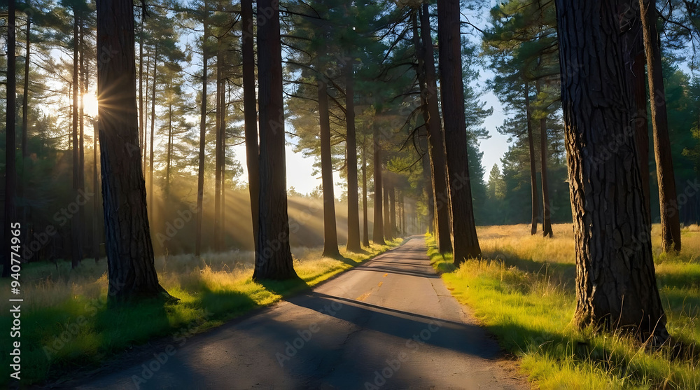 Obraz premium Sunbeams Filtering Through Tall Pine Trees Along a Road