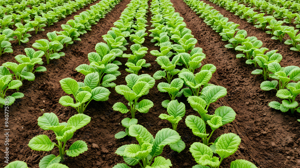 Organic vegetable garden, rows of growing plants,  illustration