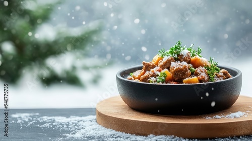 Carbonnade Flamande in a snowy setting, contrasting the warm dish with a cold wintry backdrop.